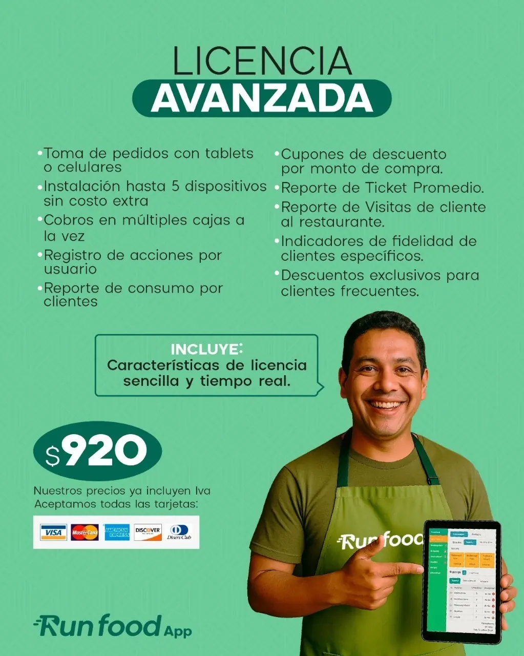 Licencia Avanzada de Runfood App con tablets, multiples cajas, fidelidad y cupones